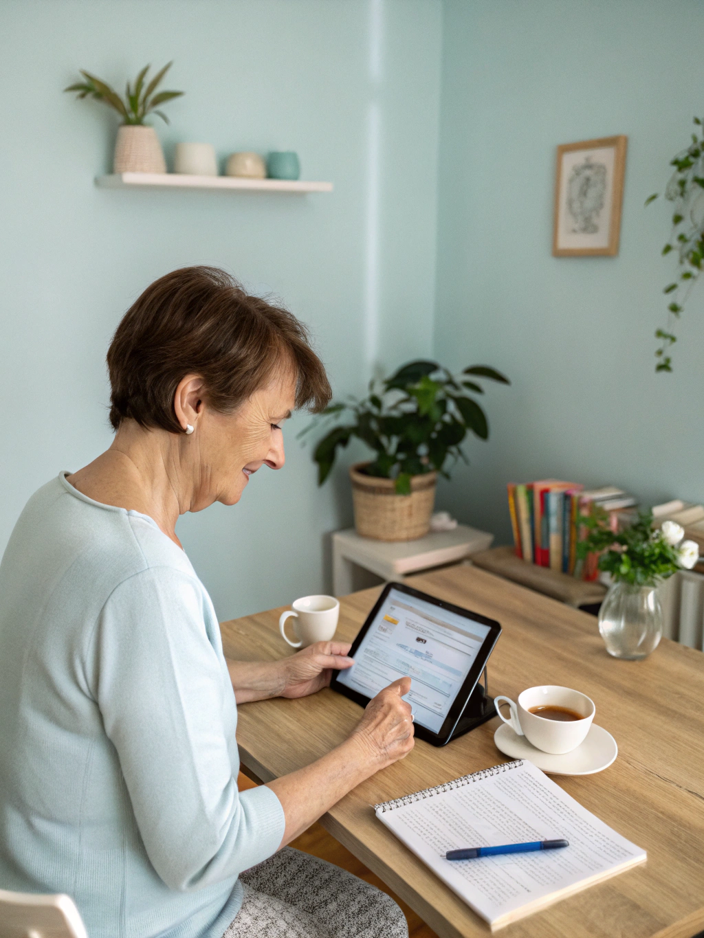 Pflegekraft nutzt Tablet für digitale Schulungsinhalte
